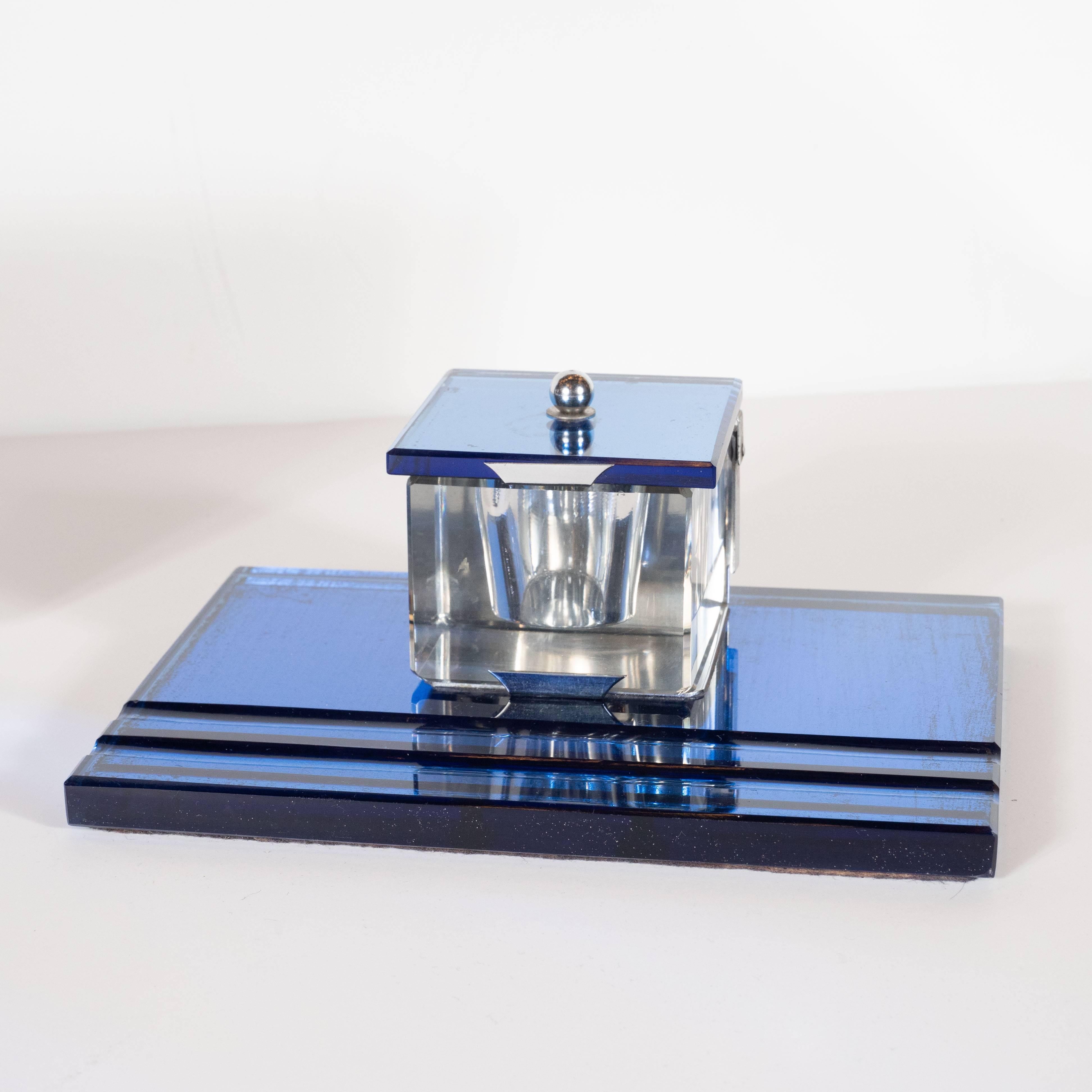 Dreiteiliges Art Deco Machine Age Cobalt Mirror und Chrom Schreibtisch Set von Victor (amerikanisch) im Angebot