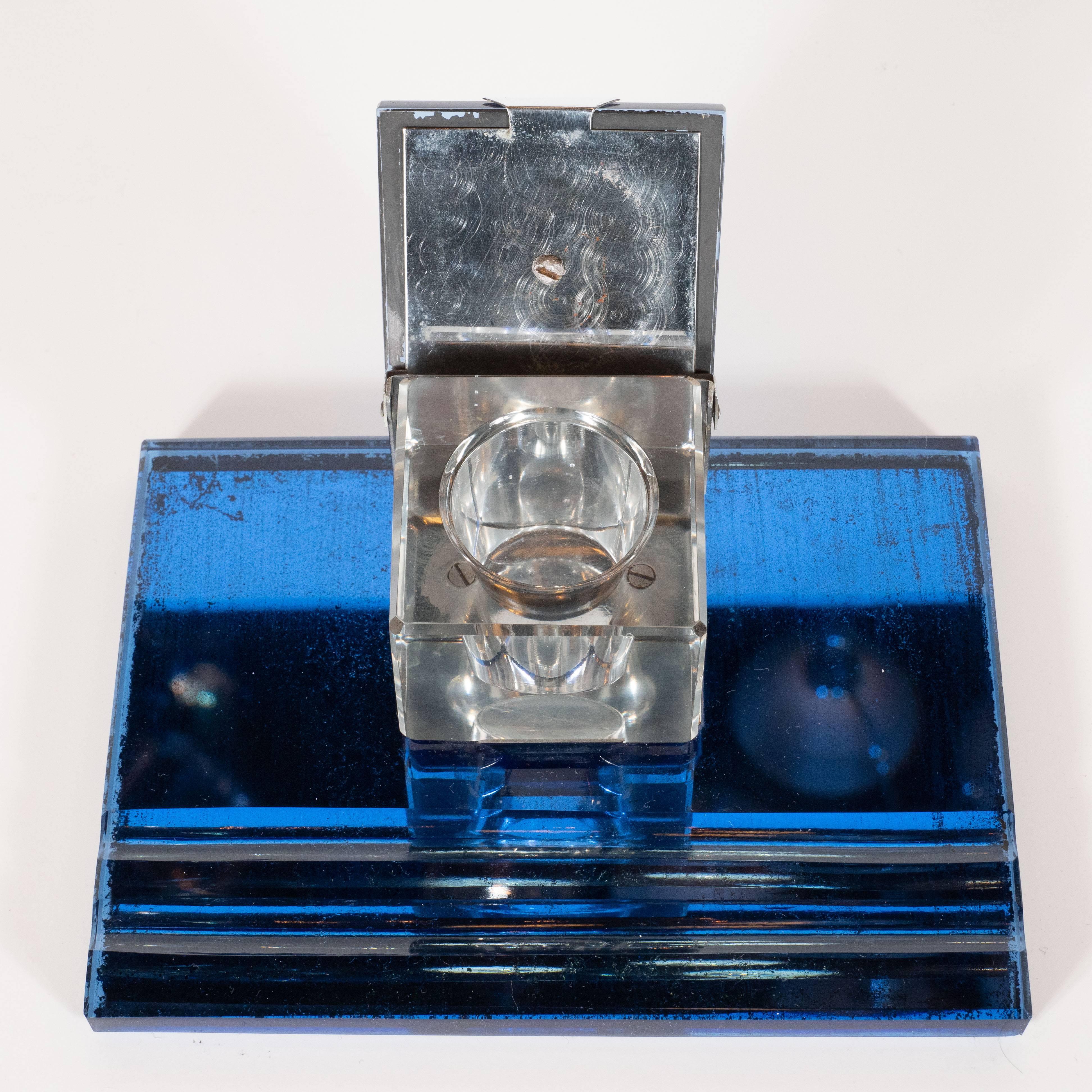 Dreiteiliges Art Deco Machine Age Cobalt Mirror und Chrom Schreibtisch Set von Victor im Angebot 2