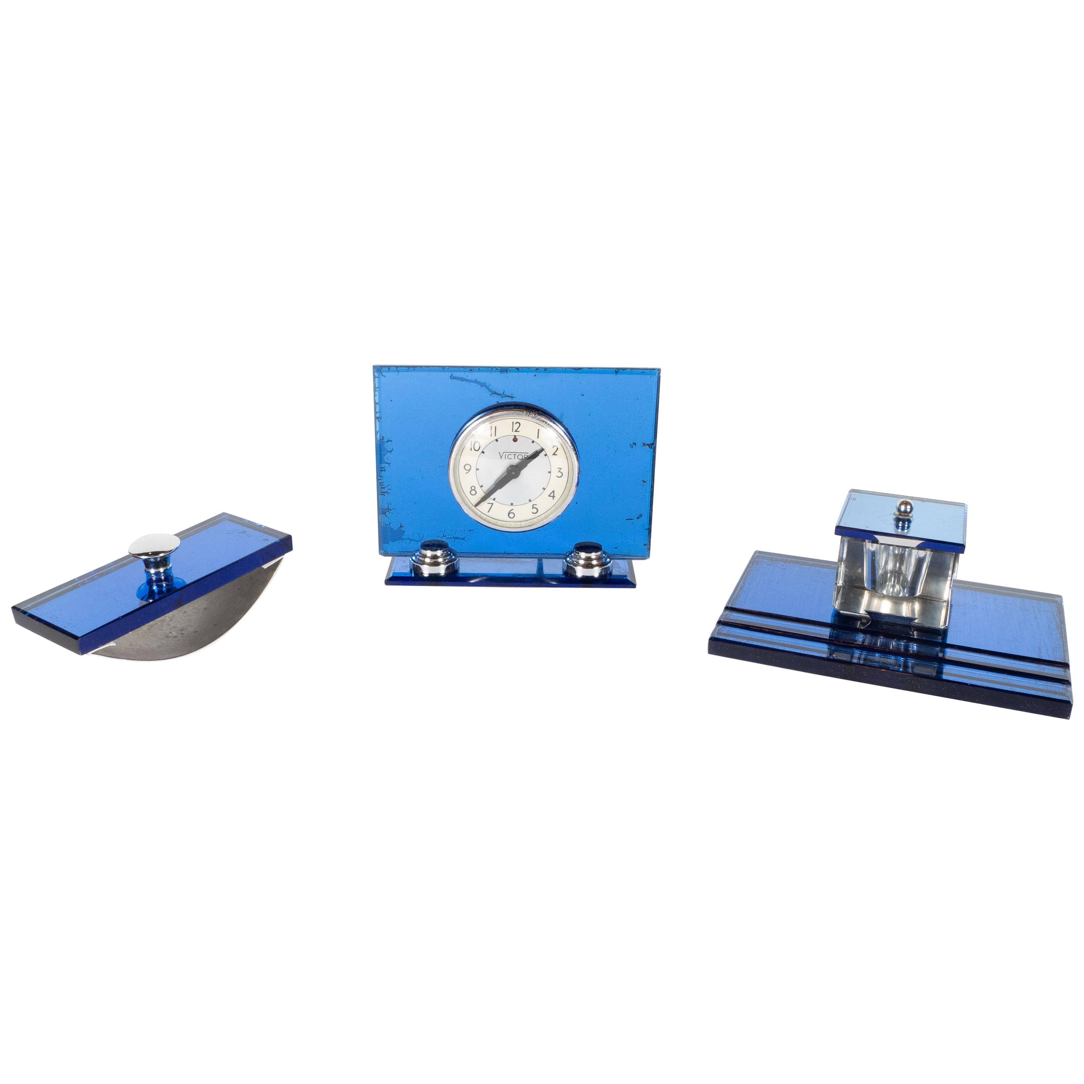 Three-Piece Art Deco Machine Age Cobalt Mirror and Chrome Desk Set by Victor