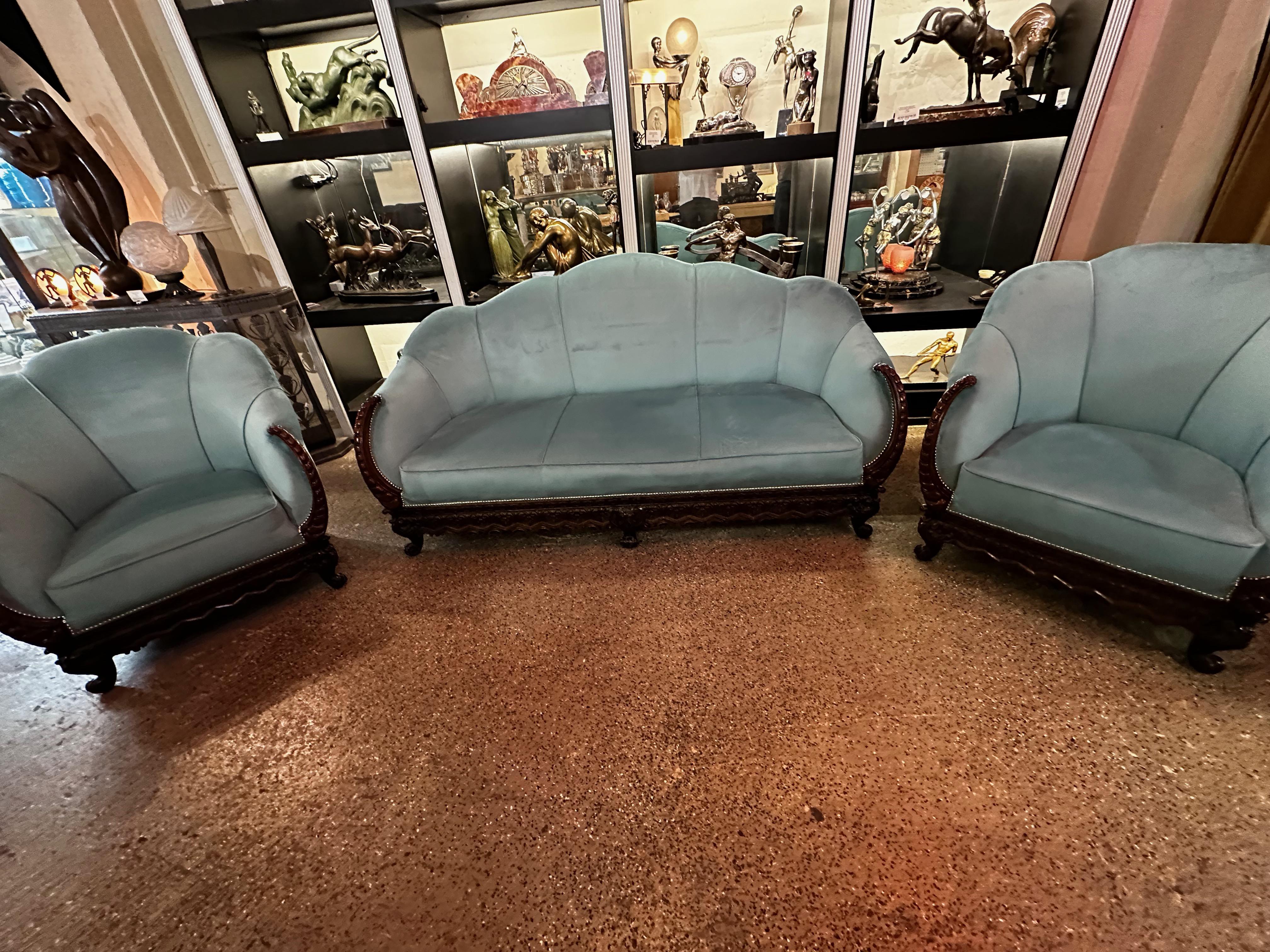Argentine 3 Piece Art Deco Sofa Carved Frame For Sale