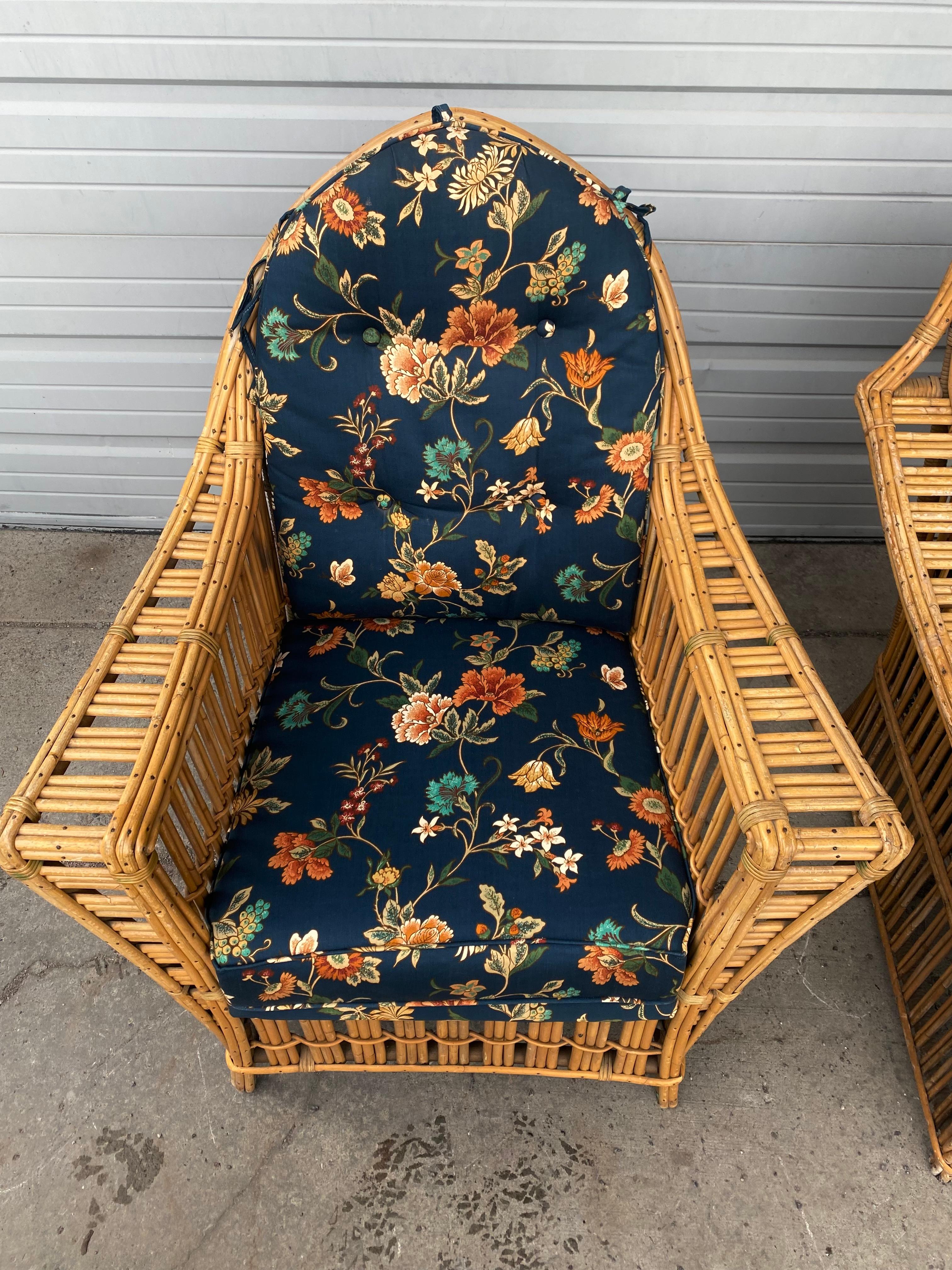 Stunning 3 piece art Deco style split reed / stick wicker suite manufactured by Ficks Reed Rattan. Amazing design and quality. Recently reupholstered, nice heavy dense foam innerds, retain original spring bottom construction, excellent original