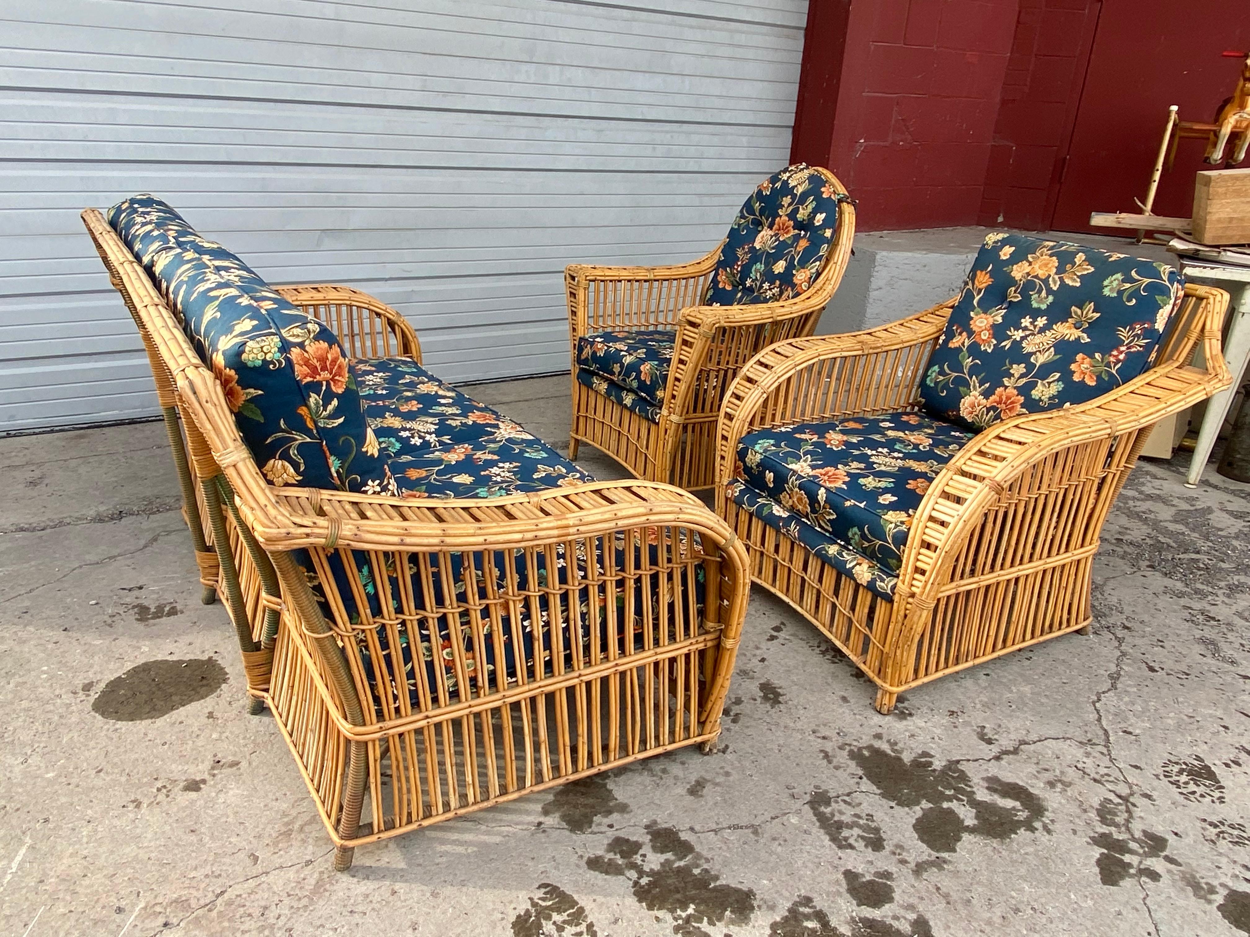 3 Piece Art Deco Stick Wicker / Reed Suite, Sofa and Chairs  by Ficks Reed In Good Condition In Buffalo, NY