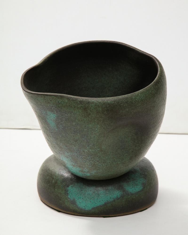 Asymmetrical assemblage of wheel-thrown elements. One large bowl tipped and resting on two closed forms. Green glazes with bubbly texture and irregular surfaces. Artist-signed on underside.