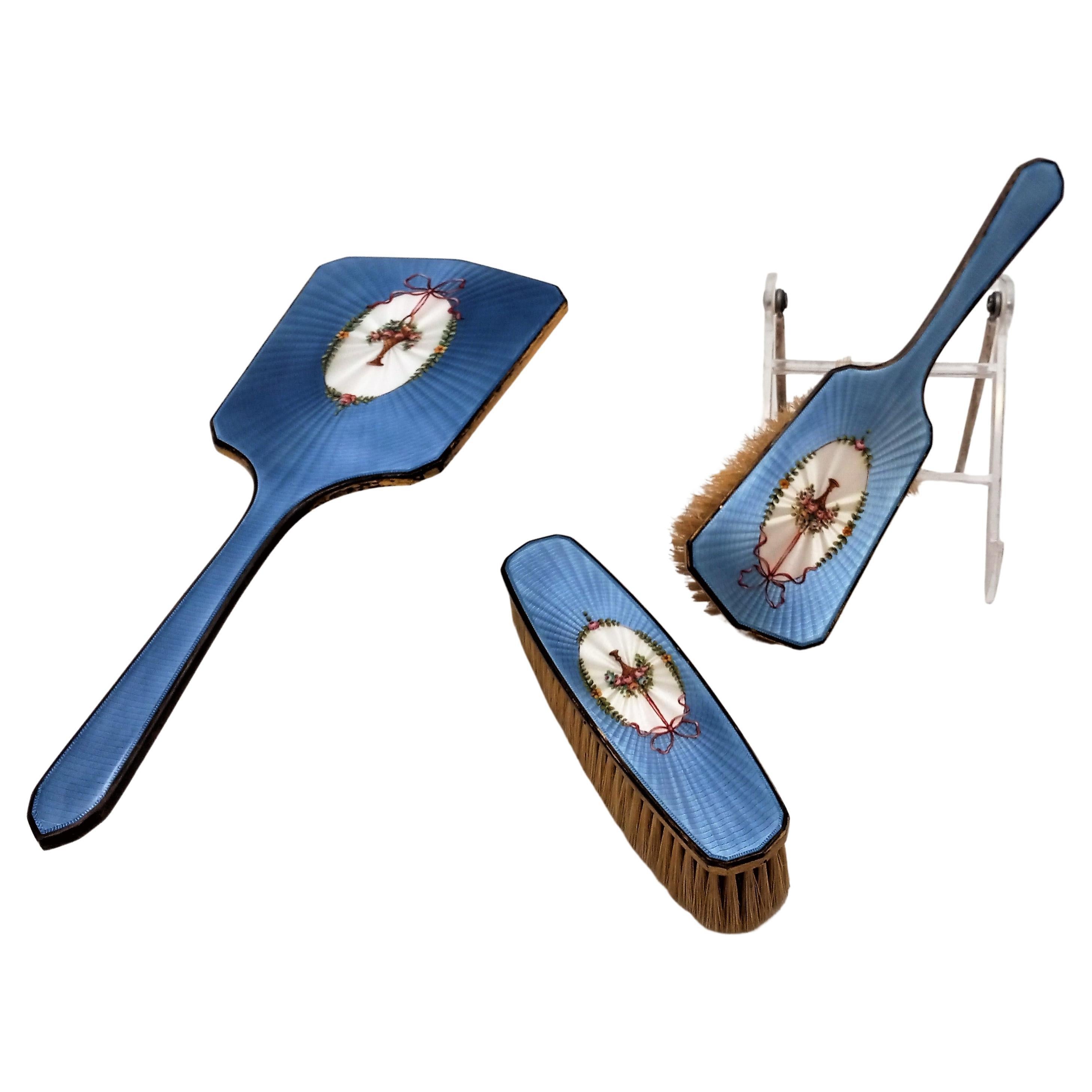 3-Piece Brush & Mirror Set with Hand-Wrought Silver Handles & Enamel Inlay, Circ For Sale