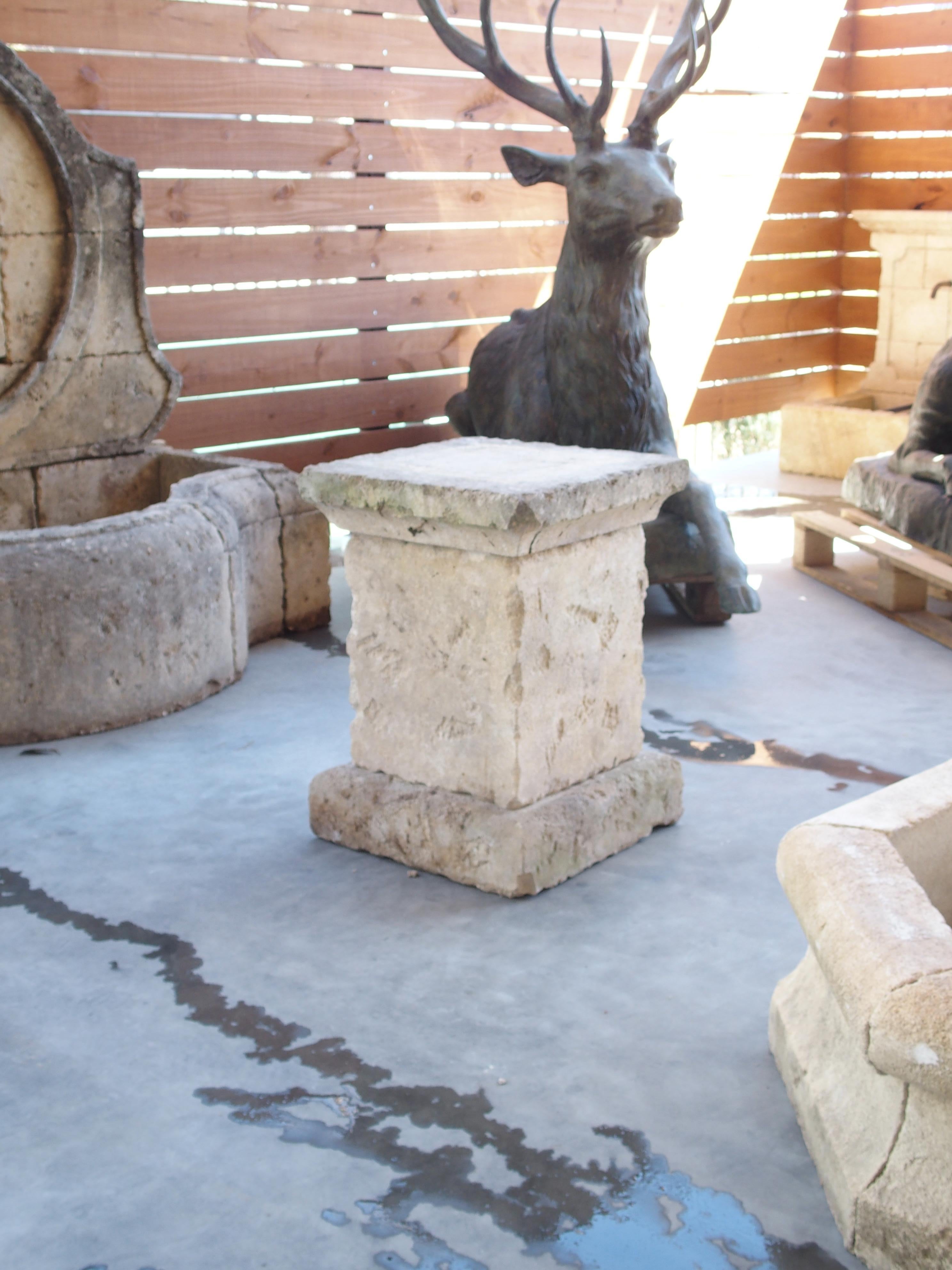 More information coming soon…

Hand-carved in three pieces, this limestone pedestal has been intentionally distressed with small chips and losses.  The limestone, which is from the South of France, has a cream color, with areas that have developed a