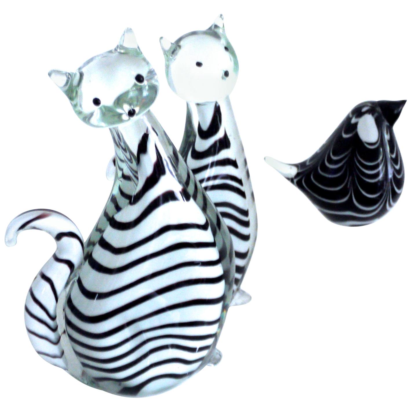 3 Piece Collection Murano Art Glass Striped Cats ‘2.5kg each’ and Bird, 1980s For Sale
