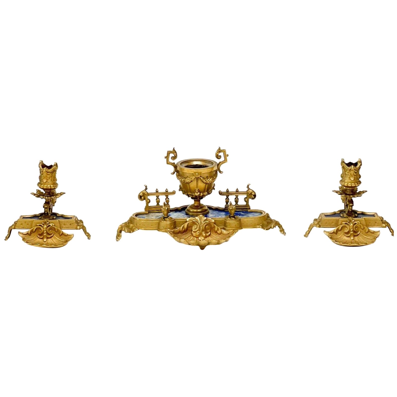 3 piece Continental Desk Garniture Gilt Bronze & Lapis Lazuli circa 1920 For Sale