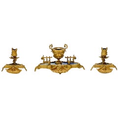 Vintage 3 piece Continental Desk Garniture Gilt Bronze & Lapis Lazuli circa 1920