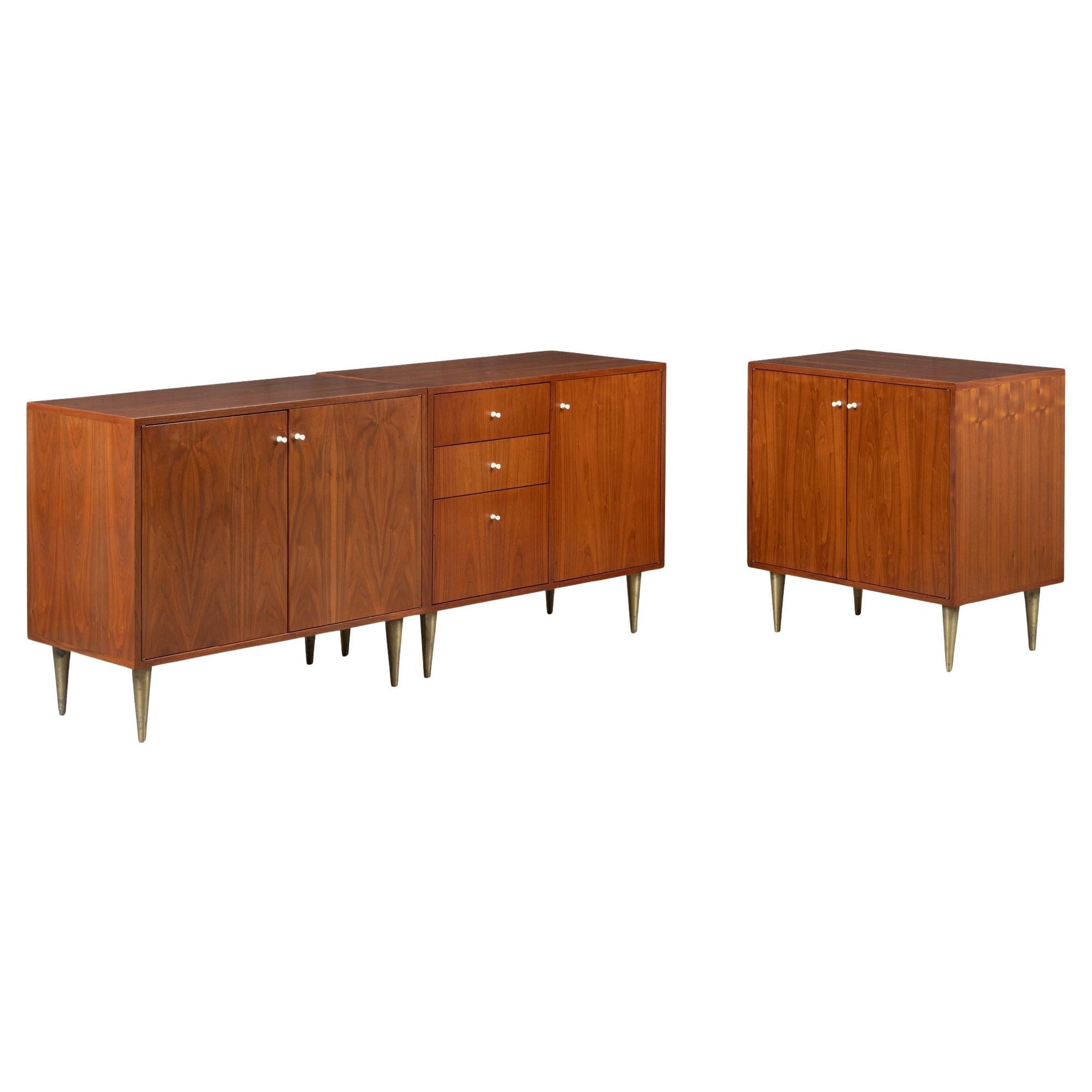 3-Piece Credenza in Walnut, Enamel, 
Brass in the Style of George Nelson