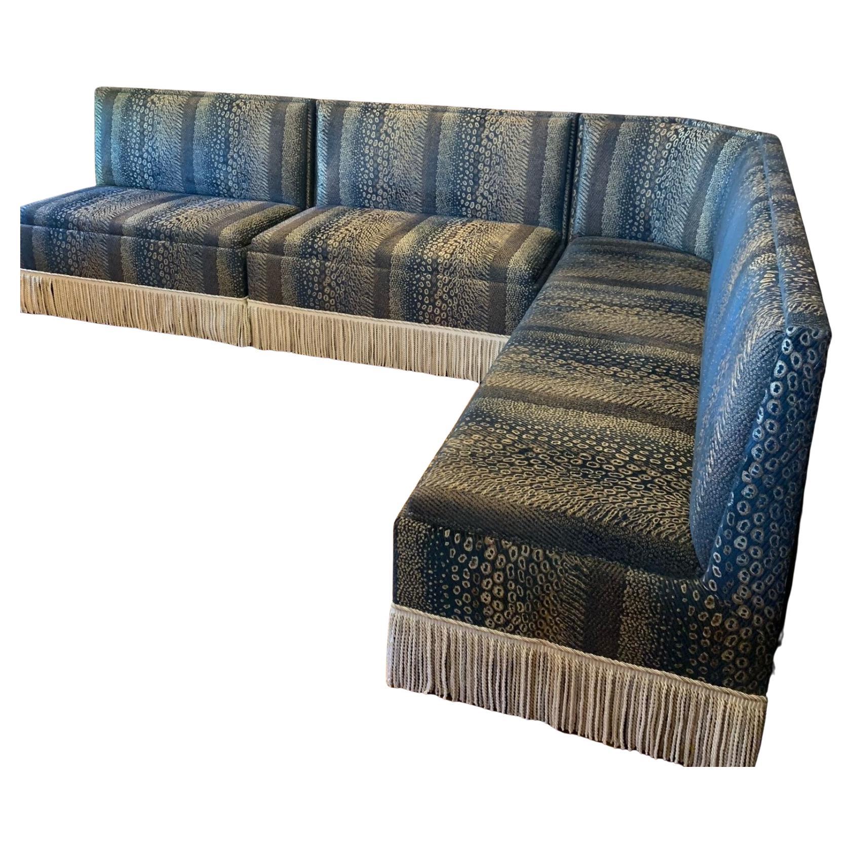 3-Piece Newly Upholstered Blue and Gold Corner Banquette Seating with Fringe  For Sale