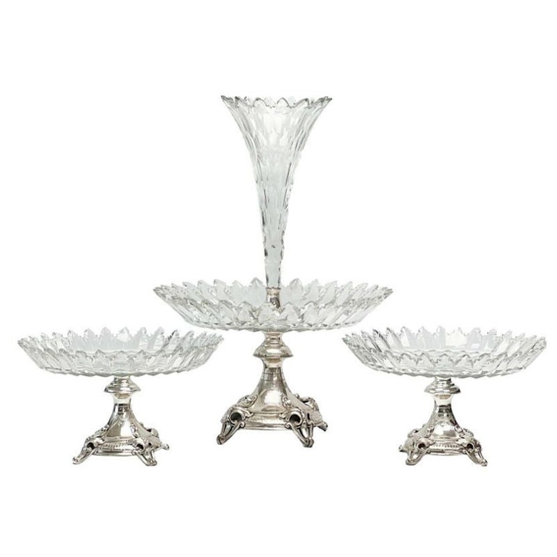 3 Piece Cut Glass Table Garniture & JM van Kempen & Zonen Dutch 833 Silver, 1876 For Sale