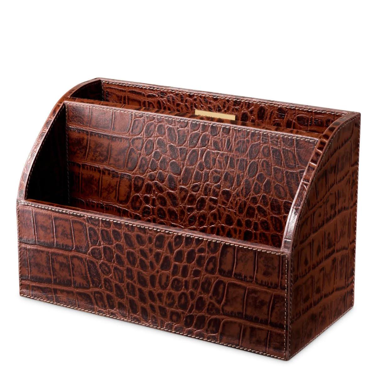 3-piece desk set, antique brown leather with crocodile embossing.

Modernise your office with this desk set, the perfect combination of luxury and organisation.
This three-piece set includes a waste bin, pen holder and stylish organiser for your