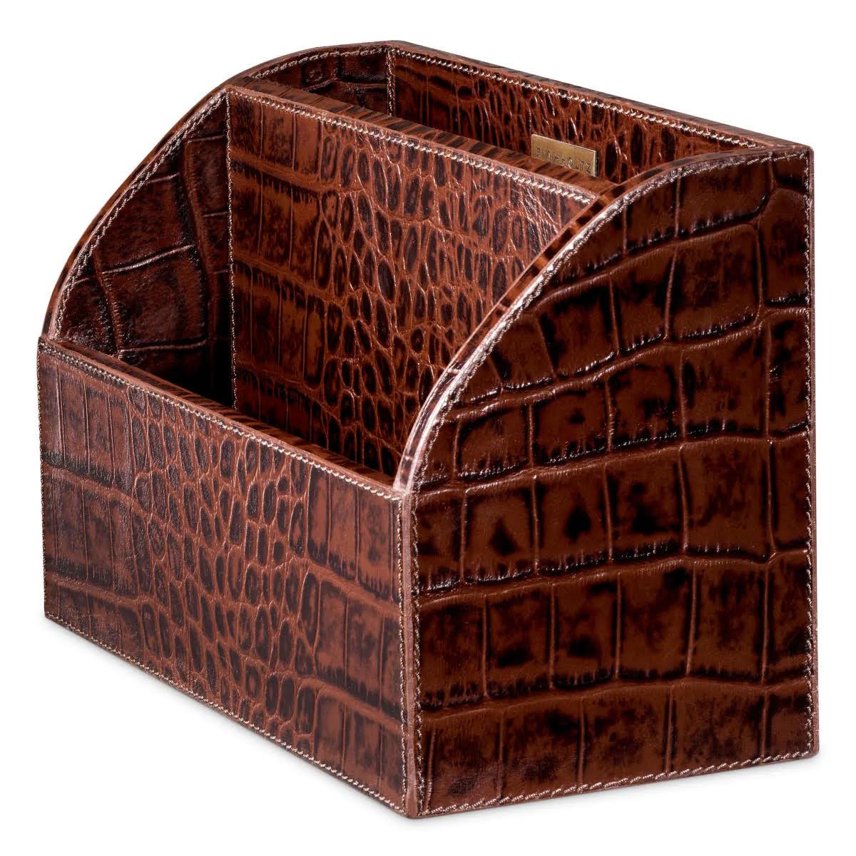 Embossed 3-Piece Desk Set, Antique Brown Leather with Crocodile Embossing. For Sale