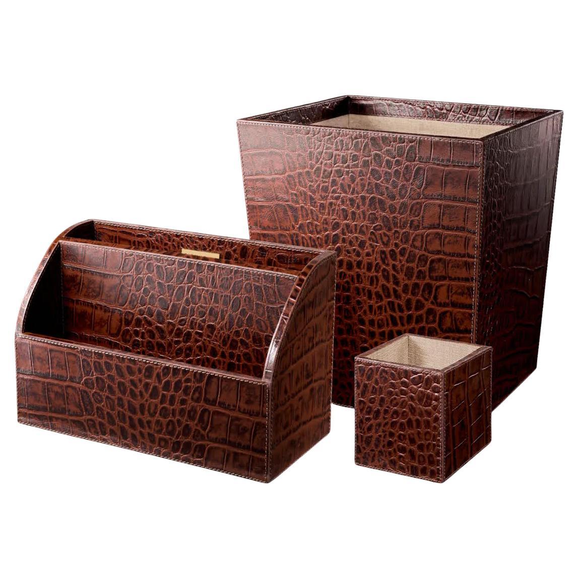 3-Piece Desk Set, Antique Brown Leather with Crocodile Embossing. For Sale