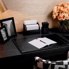 3-Piece Desk Set, Black Crocodile-Embossed Leather.