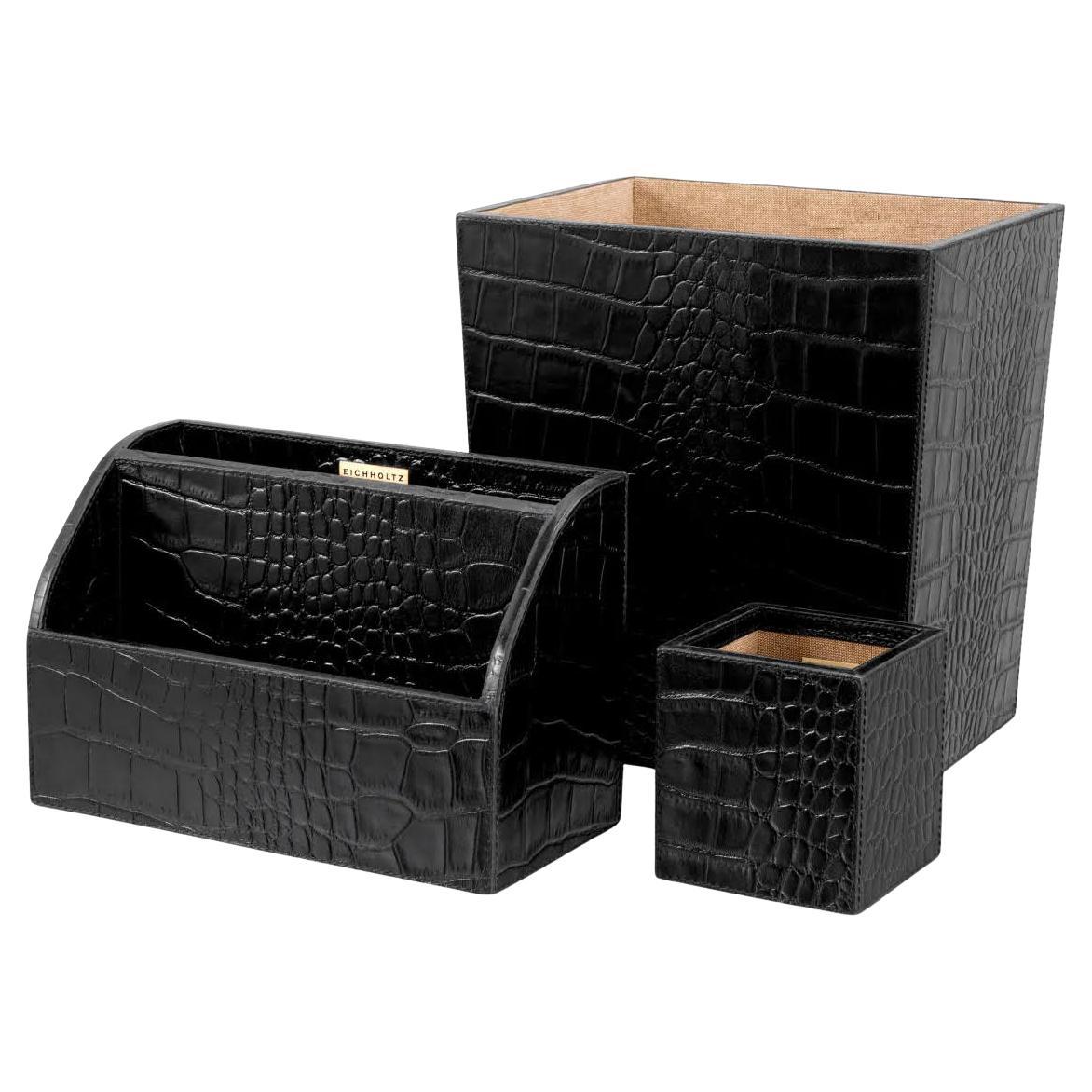 3-Piece Desk Set, Black Crocodile-Embossed Leather.