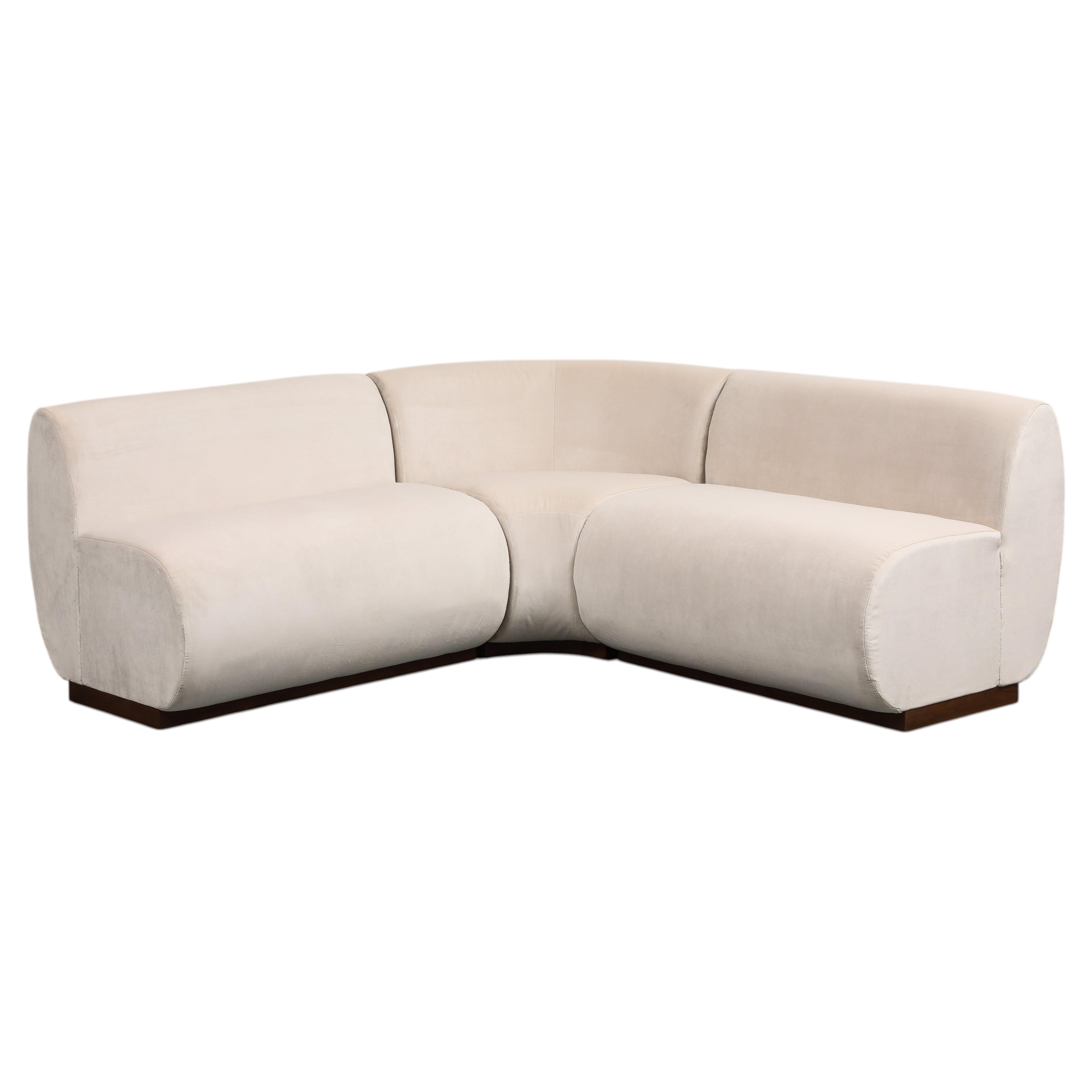 3-Piece Dining Banquette with Rounded Corner in Ivory Velvet For Sale