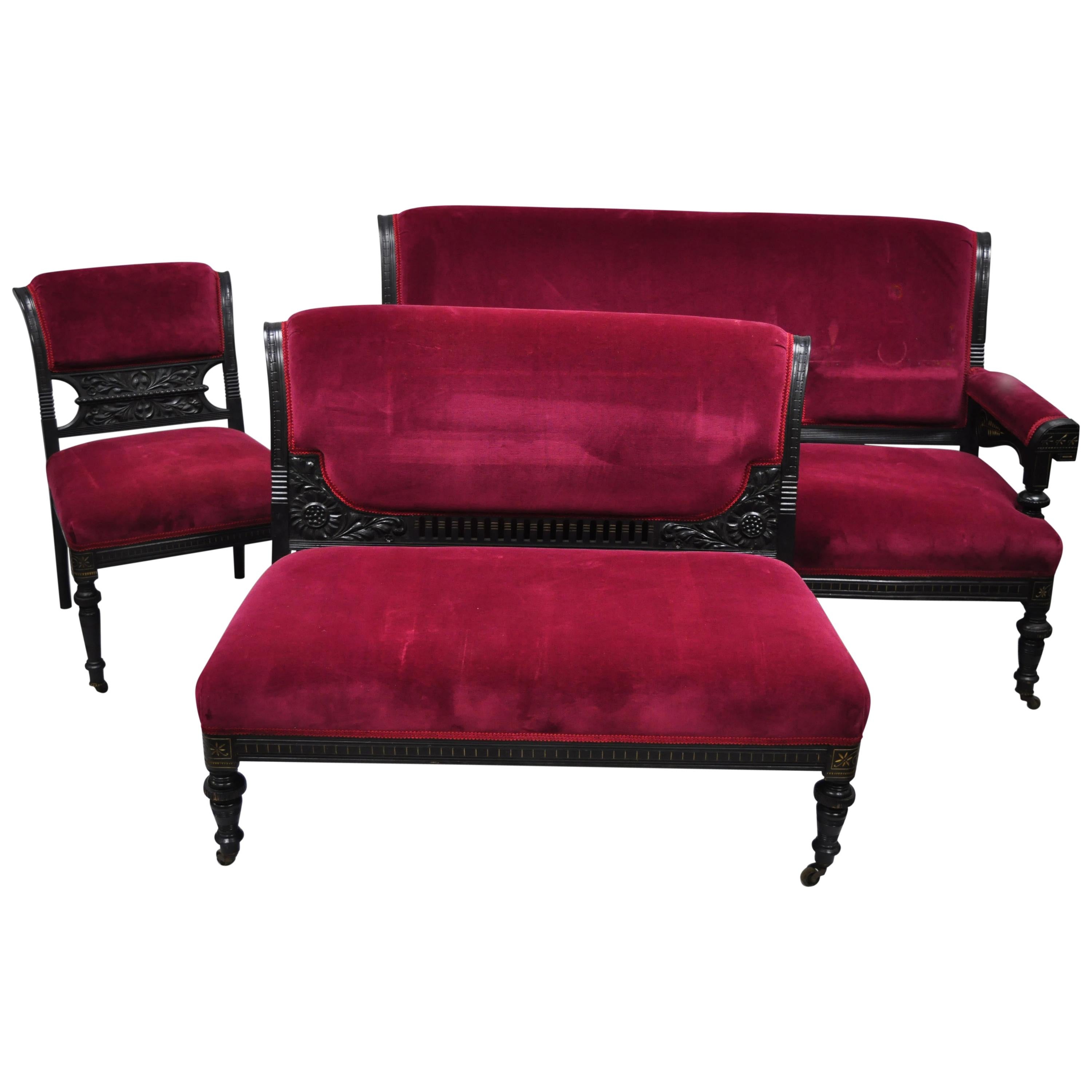 3-Piece Eastlake Victorian Aesthetic Mvmnt Ebonized Parlor Set