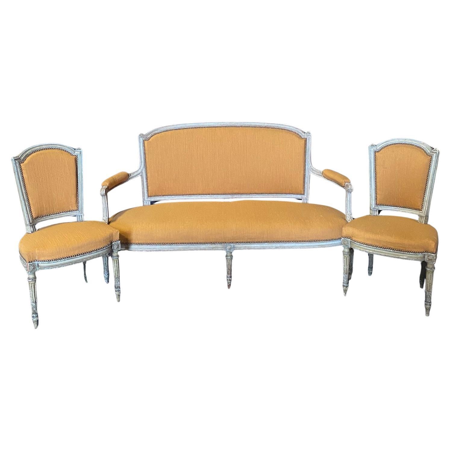 3 pezzi di un elegante e raro set da salotto classico francese Luigi XVI del XIX secolo