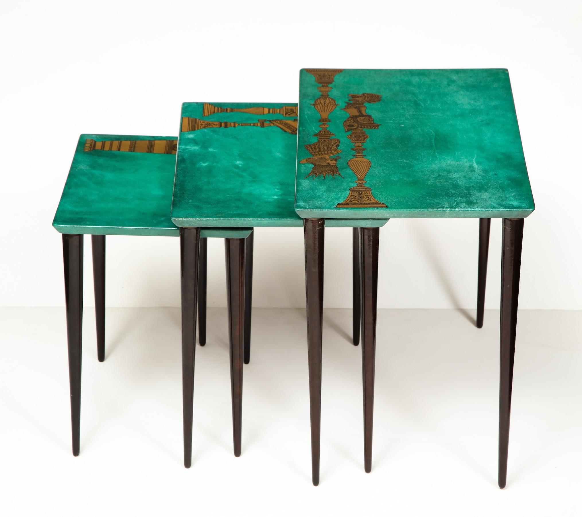 Italian 3-Piece Emerald Leather Nesting Table Set by Aldo Tura