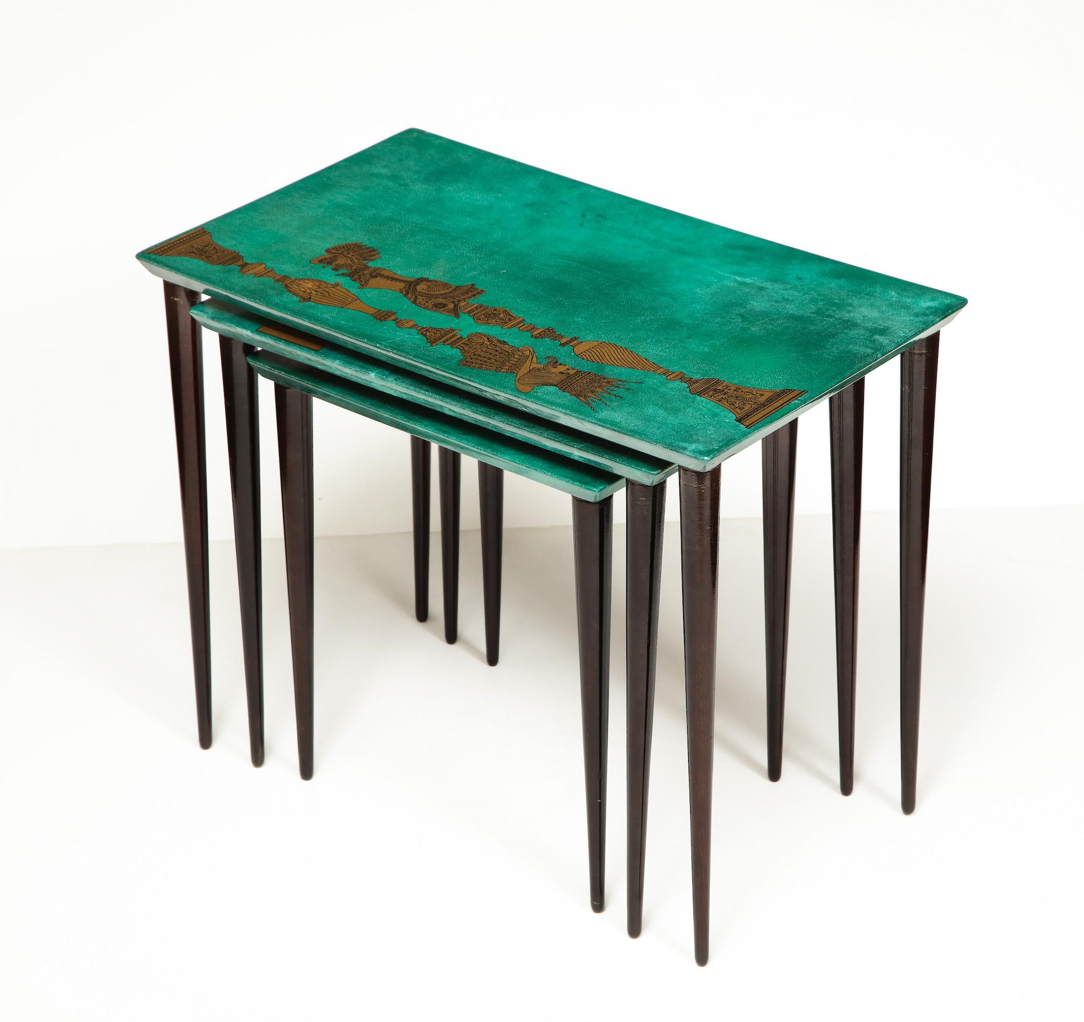 Mid-20th Century 3-Piece Emerald Leather Nesting Table Set by Aldo Tura