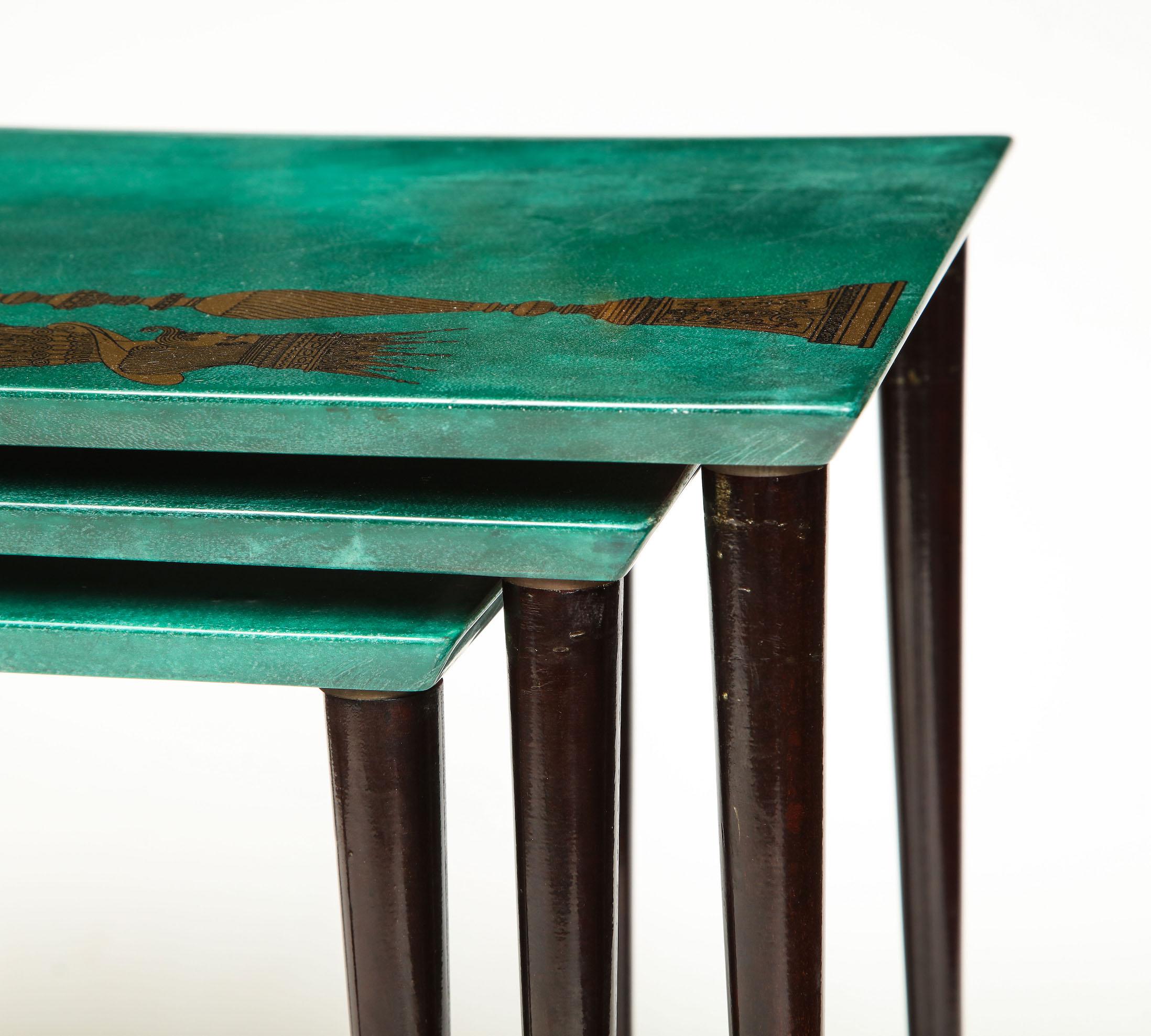 Goatskin 3-Piece Emerald Leather Nesting Table Set by Aldo Tura