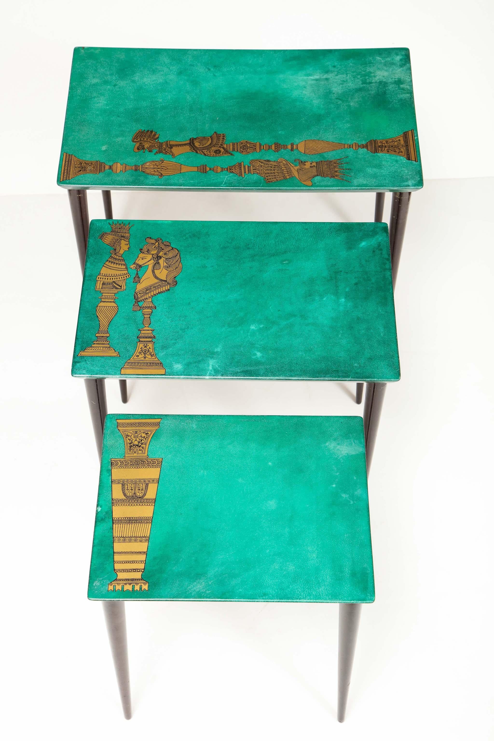 3-Piece Emerald Leather Nesting Table Set by Aldo Tura 2