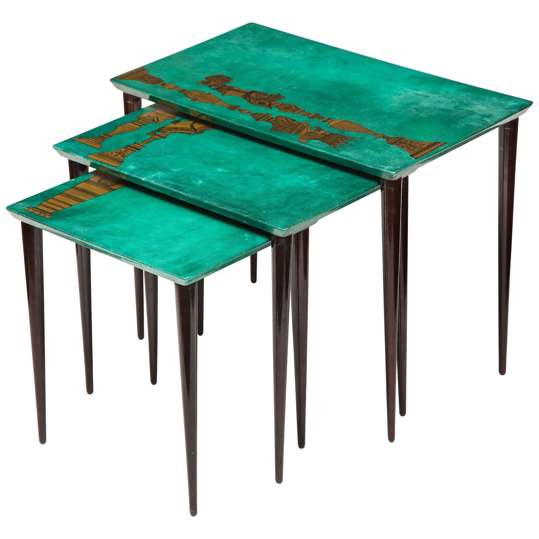 3-Piece Emerald Leather Nesting Table Set by Aldo Tura