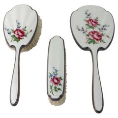 Vintage 3-Piece Enamel Vanity Dresser Brush and Mirror Set Made in England