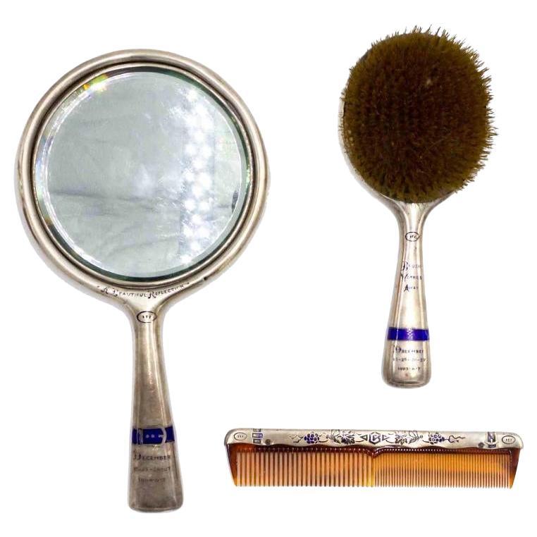 Antique English Arts and Crafts Silver & Blue Enamel Vanity Set