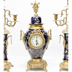 3 Piece French Japonisme Gilt Bronze Mounted Enameled Porcelain Clock Garniture