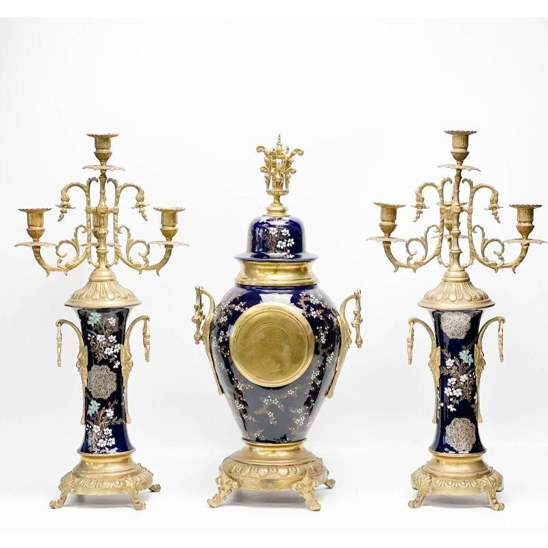 20th Century 3 Piece French Japonisme Gilt Bronze Mounted Enameled Porcelain Clock Garniture For Sale