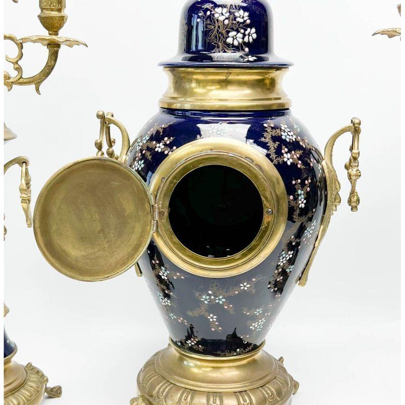 3 Piece French Japonisme Gilt Bronze Mounted Enameled Porcelain Clock Garniture For Sale 1