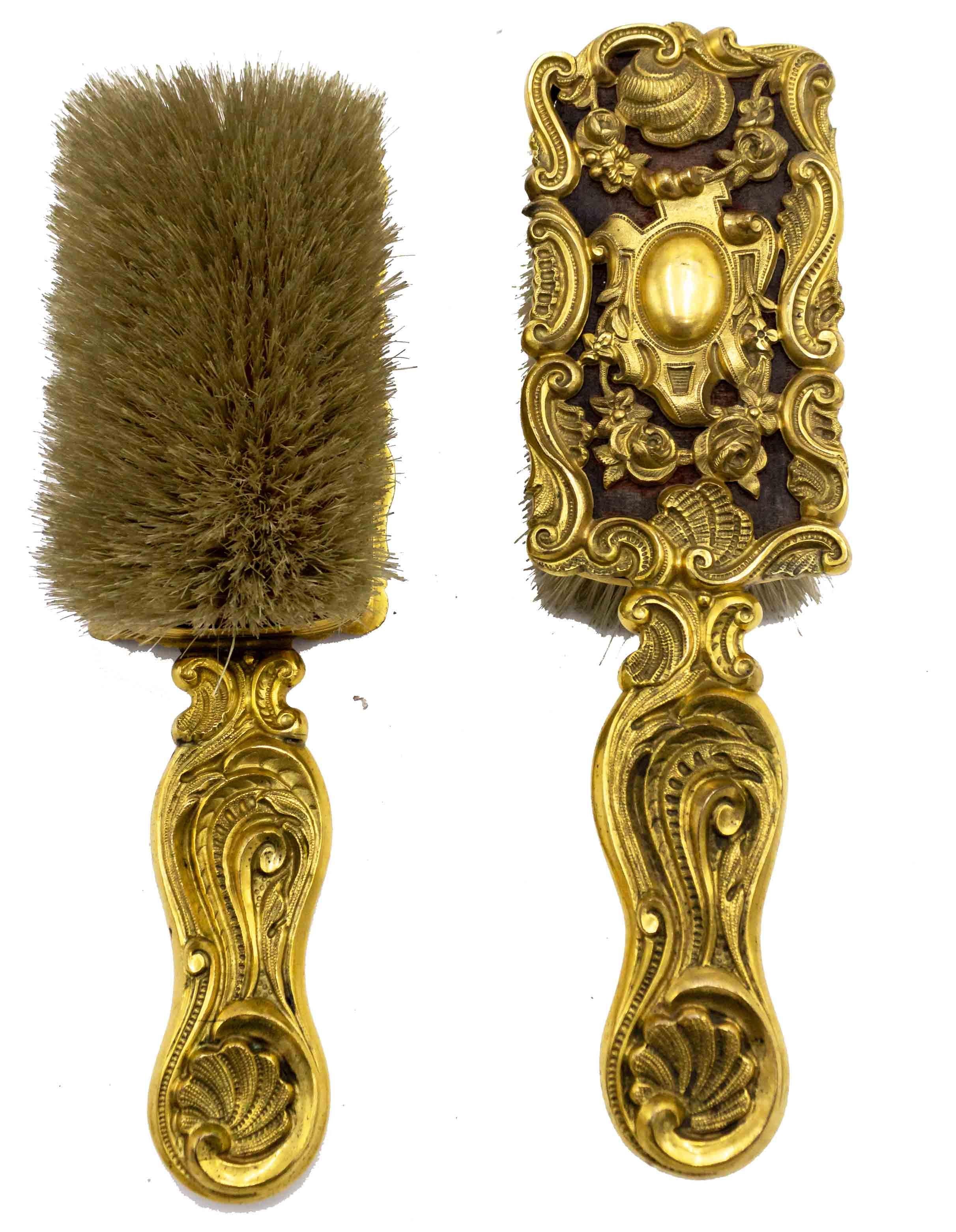 3-Piece French Louis XV Bronze Dore Mirror and Brush Set For Sale 5