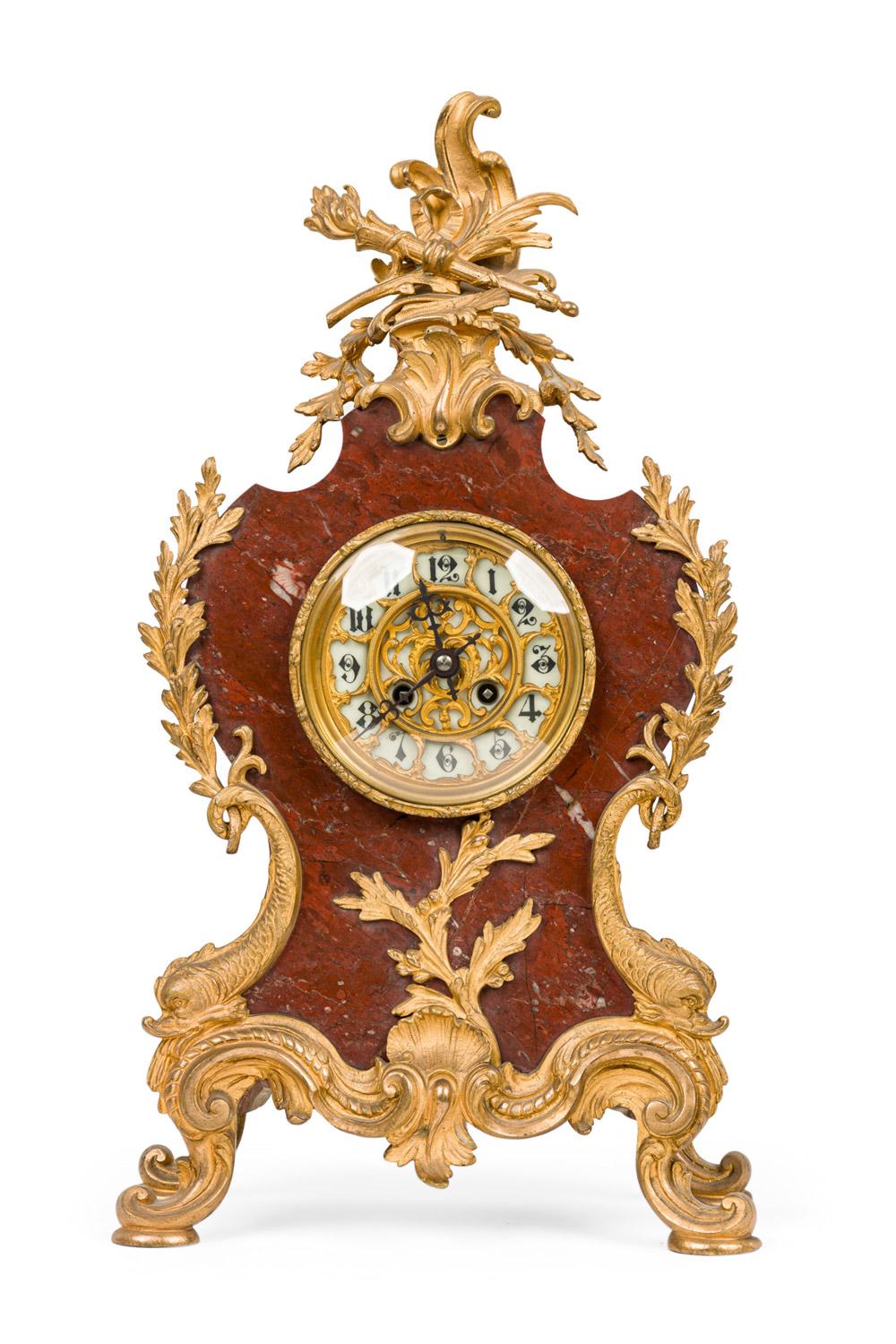 3-Piece French Louis XV-style (19th Century) bronze dore and rouge marble clock and pair of 5 arm candelabra. 23\