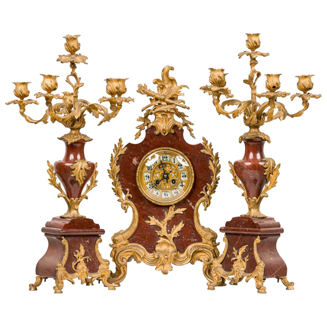 3-Piece French Louis XV Style Bronze Clock Set For Sale