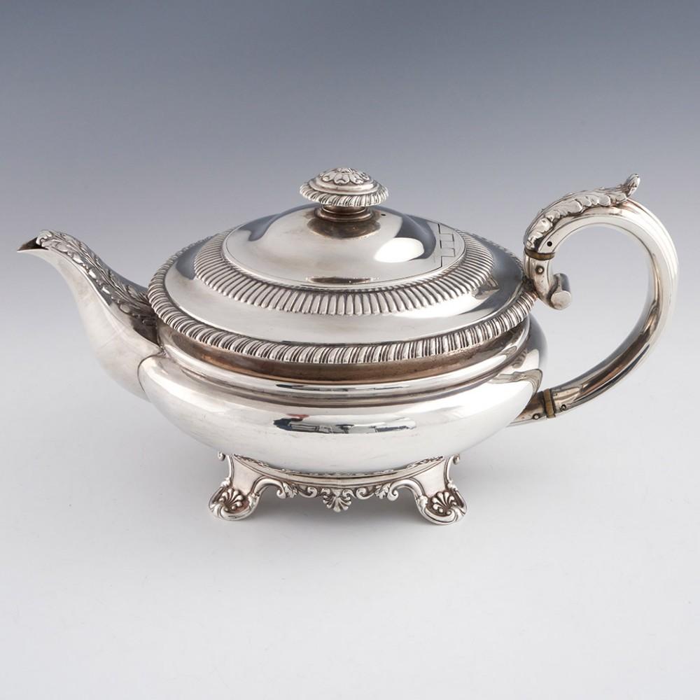 3 Piece George IV Sterling Silver Tea Set London, 1825

Additional information:
Date : Hallmarked in London 1825 For Rebecca Emes and Edward Barnard
Period : George IV
Origin : London, England
Decoration : Acanthus leaf thumb pieces on all