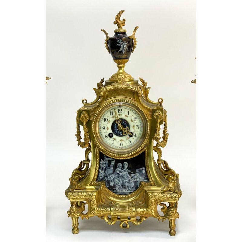 3 Piece Gilt Bronze Clock Garniture, Late 19th/Early 20th Century In Good Condition For Sale In Gardena, CA