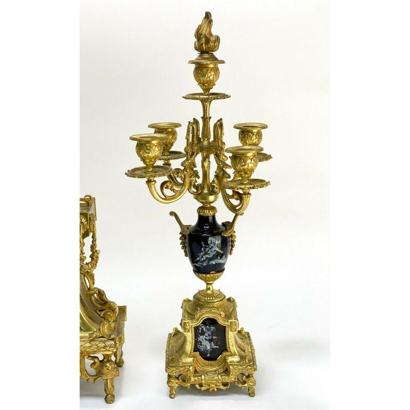 3 Piece Gilt Bronze Clock Garniture, Late 19th/Early 20th Century For Sale 2