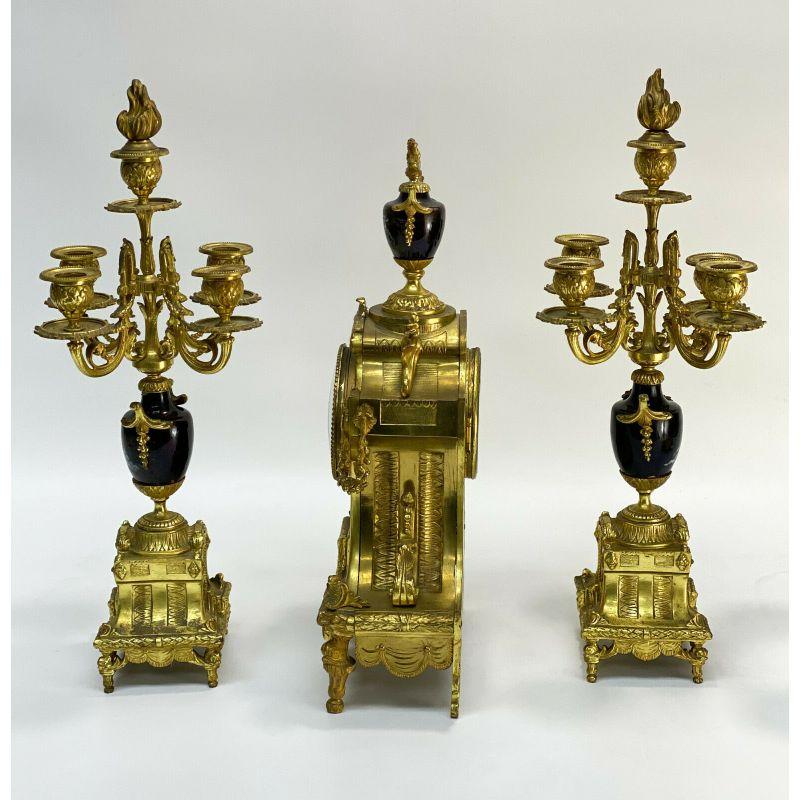 3 Piece Gilt Bronze Clock Garniture, Late 19th/Early 20th Century For Sale 5