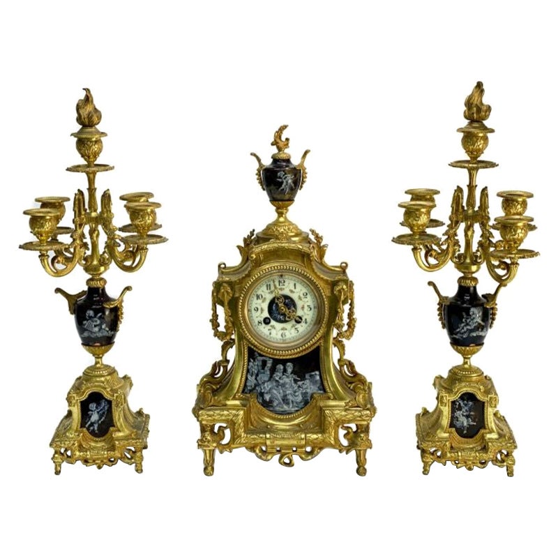 3 Piece Gilt Bronze Clock Garniture, Late 19th/Early 20th Century For Sale