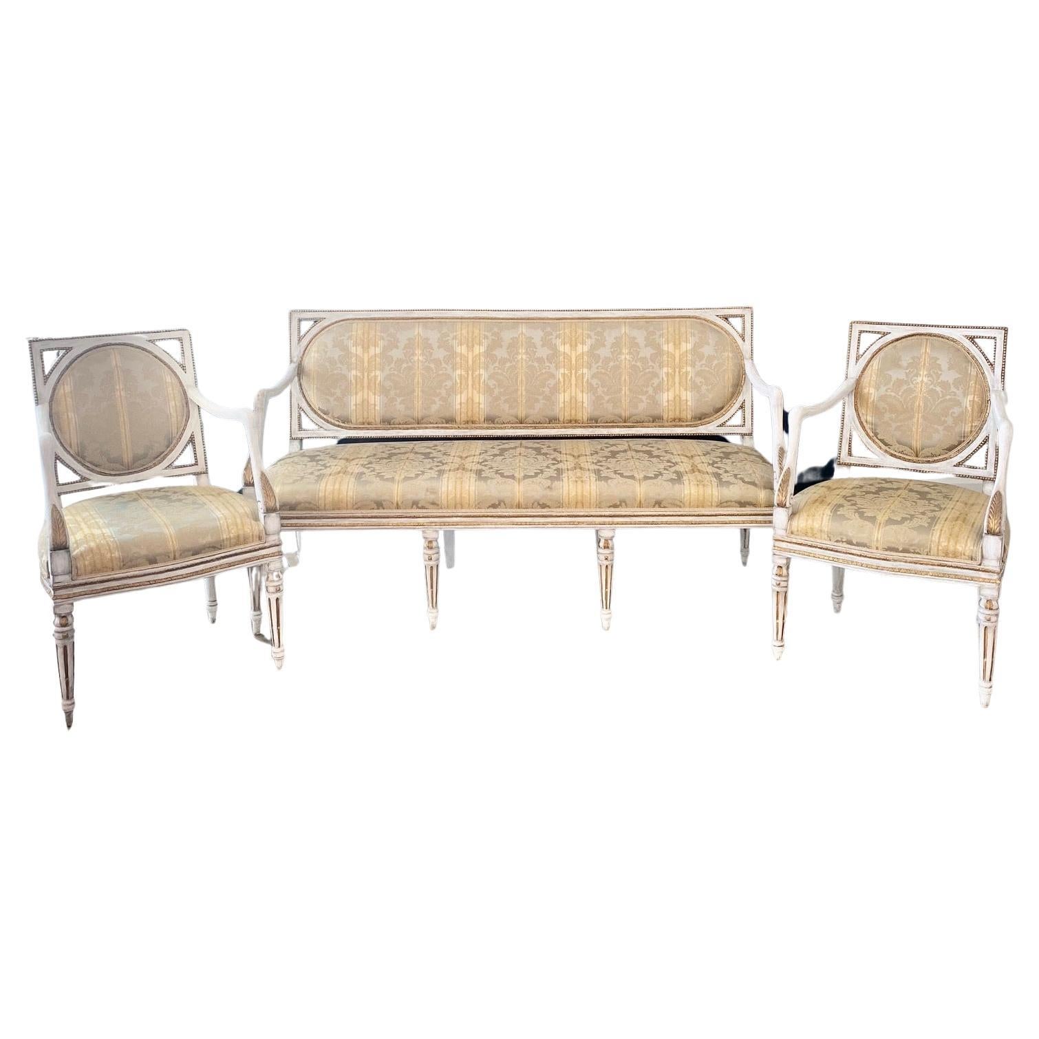 3 pièces, magnifique ensemble de salon Louis XVI du XVIIIe siècle avec canapé et fauteuils en vente