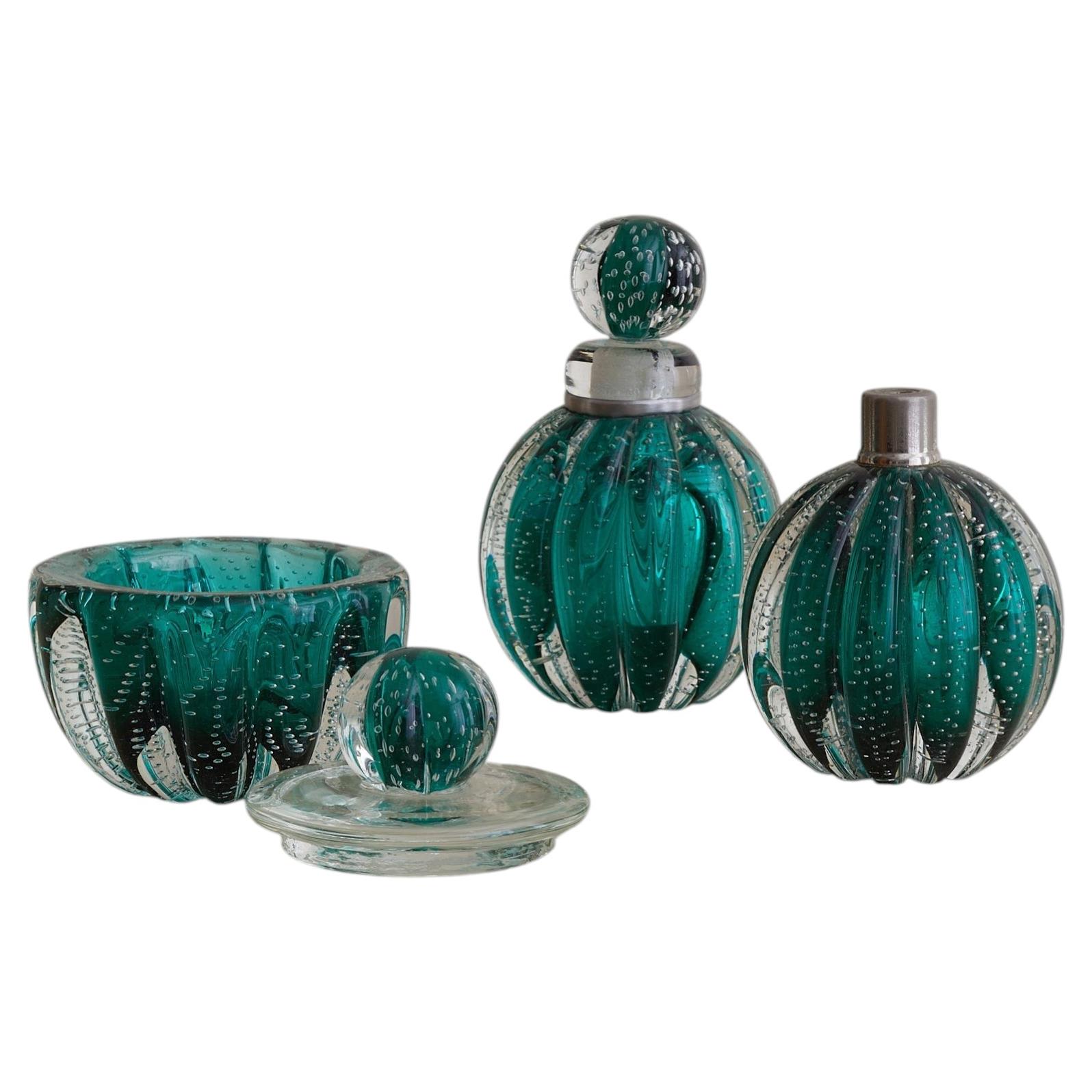 3-Piece Italian Murano Bullicante Glass Vanity Set, 1940s