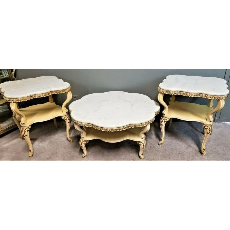 Offering one of our recent Palm Beach Estate Fine Furniture Acquisitions of A 
3 Piece Set of French Louis XV Style Ogee Beveled Marble Top Coffee + 2 End Side Tables

Approximate Measurements
Coffee Table: 37 3/4