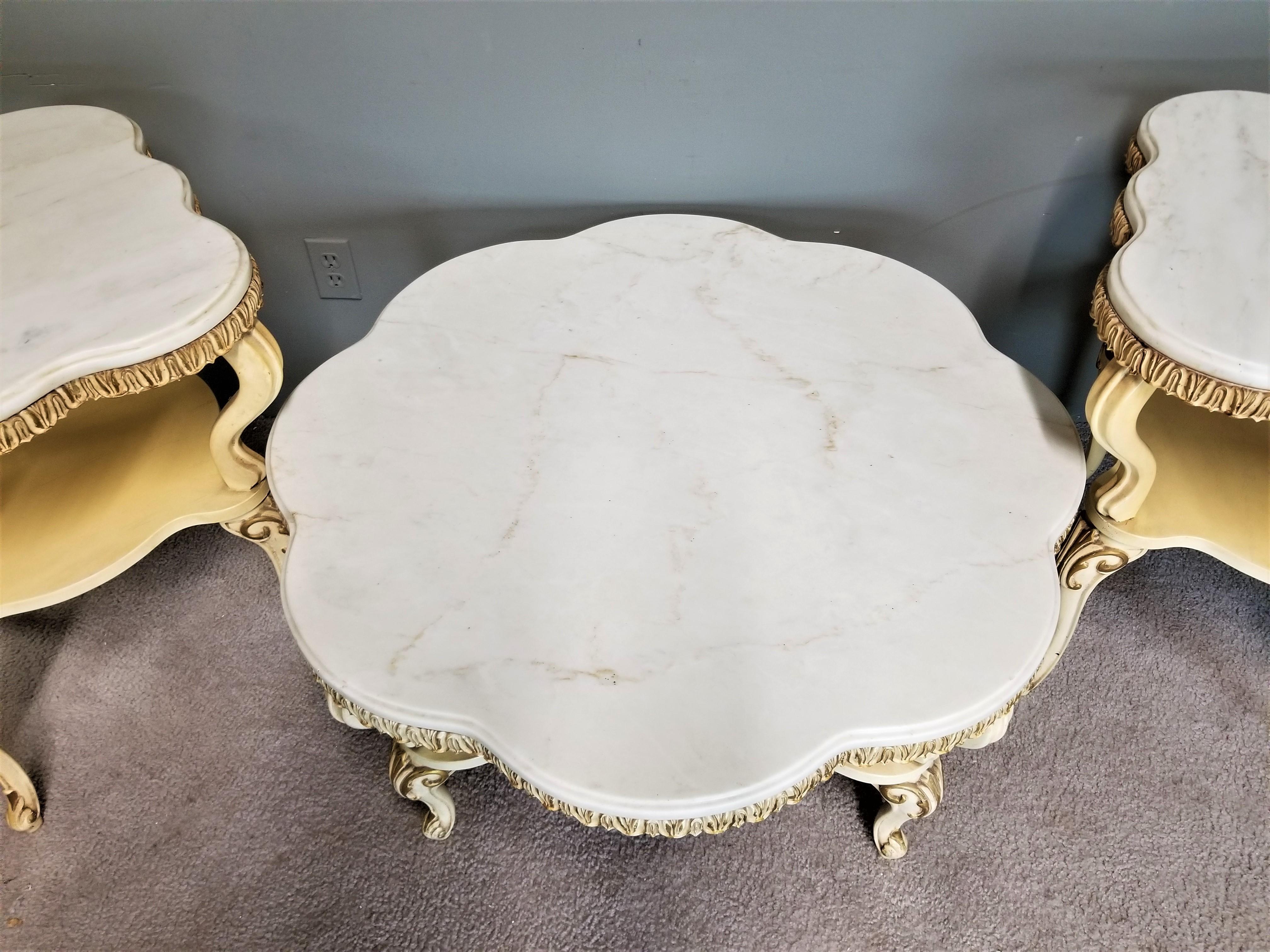 3 Piece Mid Century French Louis XV Marble Coffee + End Side Tables 1