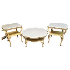 Vintage 3 Piece Mid Century French Louis XV Marble Coffee + End Side Tables