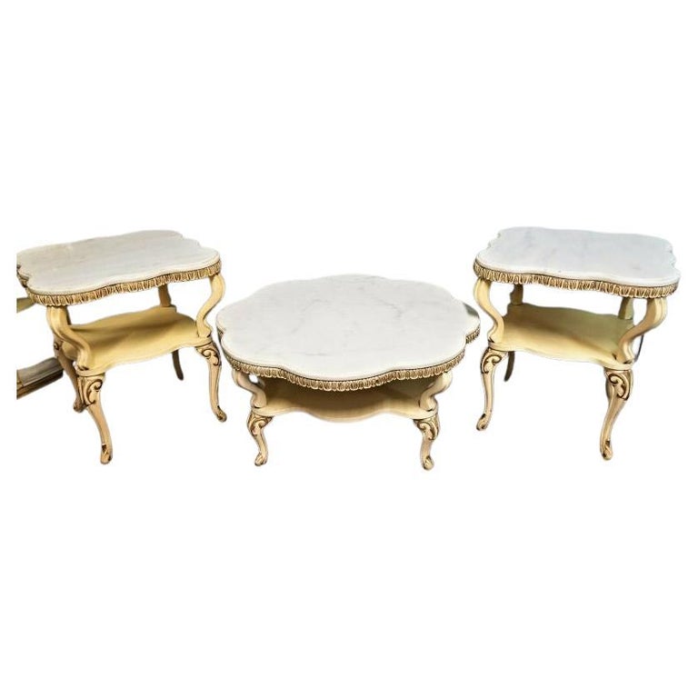 3 Piece Mid Century French Louis XV Marble Coffee + End Side Tables For Sale  at 1stDibs