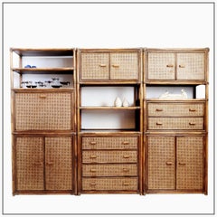 Etagère bibliothèque multifonctionnelle en rotin 3 pièces des années 70