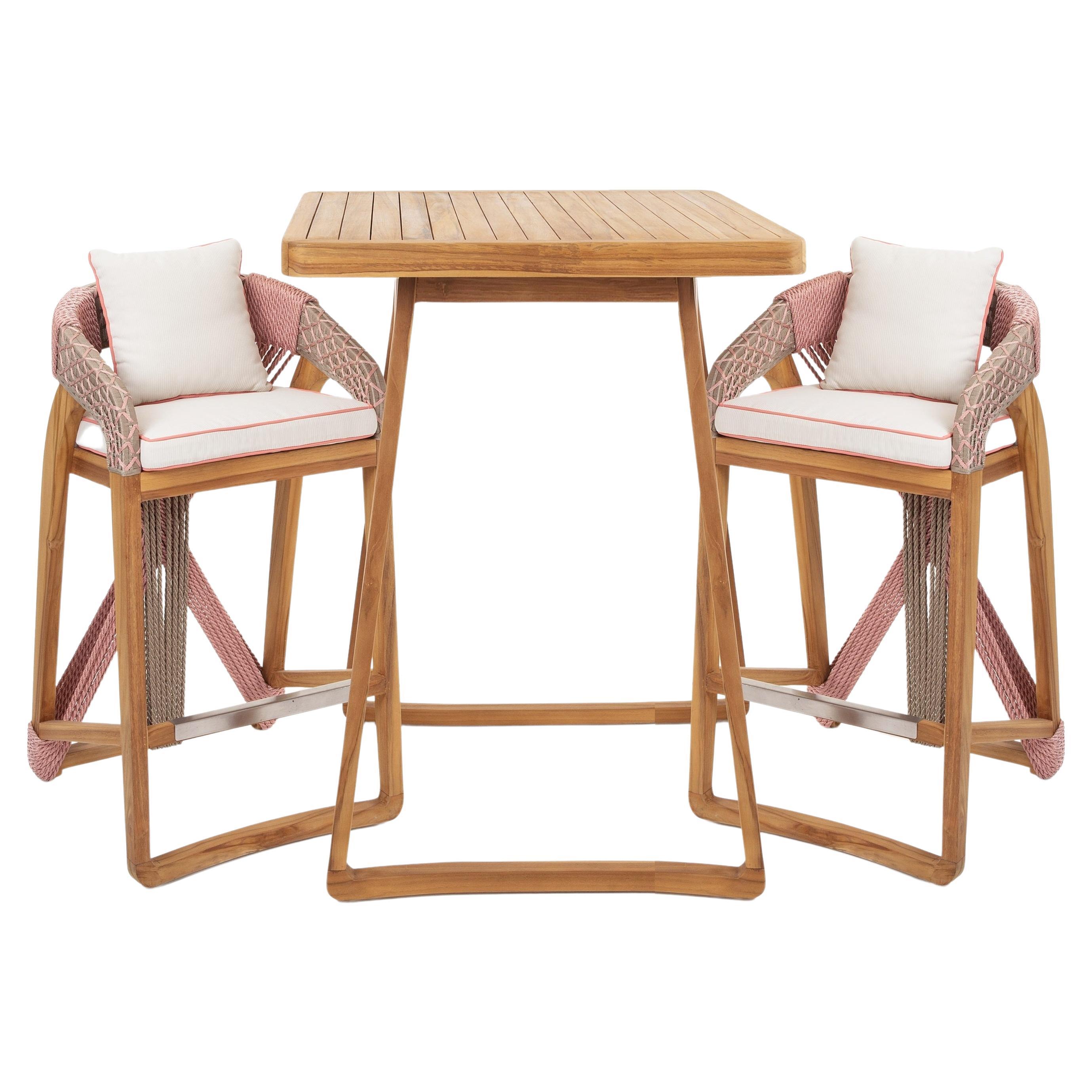 3-Piece Outdoor Bar Height Table and Stools in Solid Teak For Sale