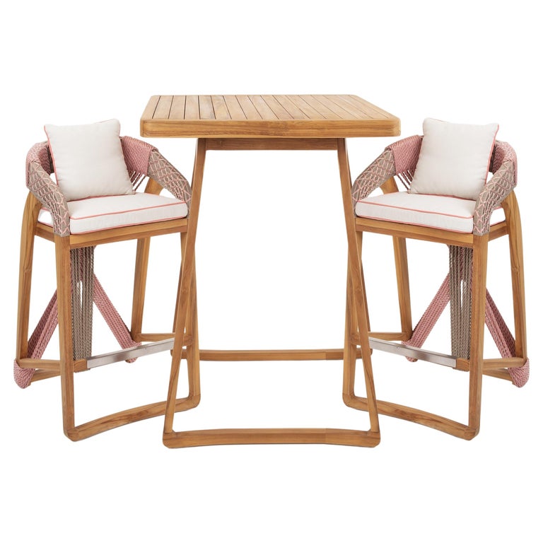 3Piece Outdoor Bar Height Table and Stools in Solid Teak For Sale at